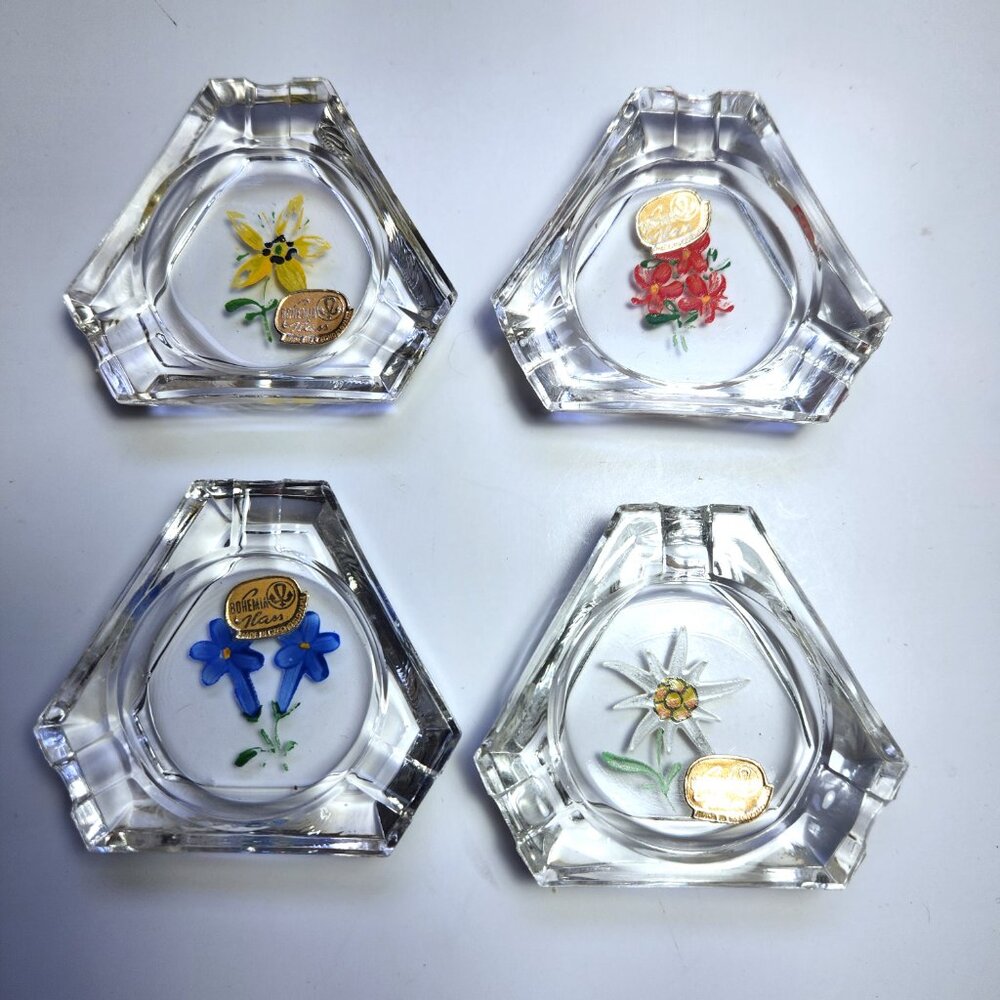 Bohemia Glass Floral Ashtray Set of 4 Vintage Hexagon Czech Czechoslovakia